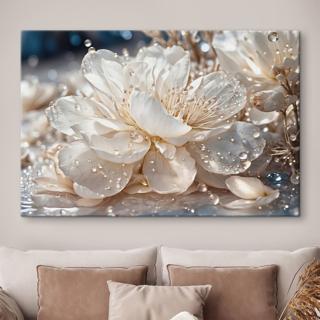Glänzende Tropfen auf Blütenblättern in einem Interieur