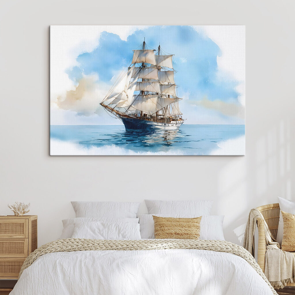 Dreimaster auf blauem Wasser in einem Interieur