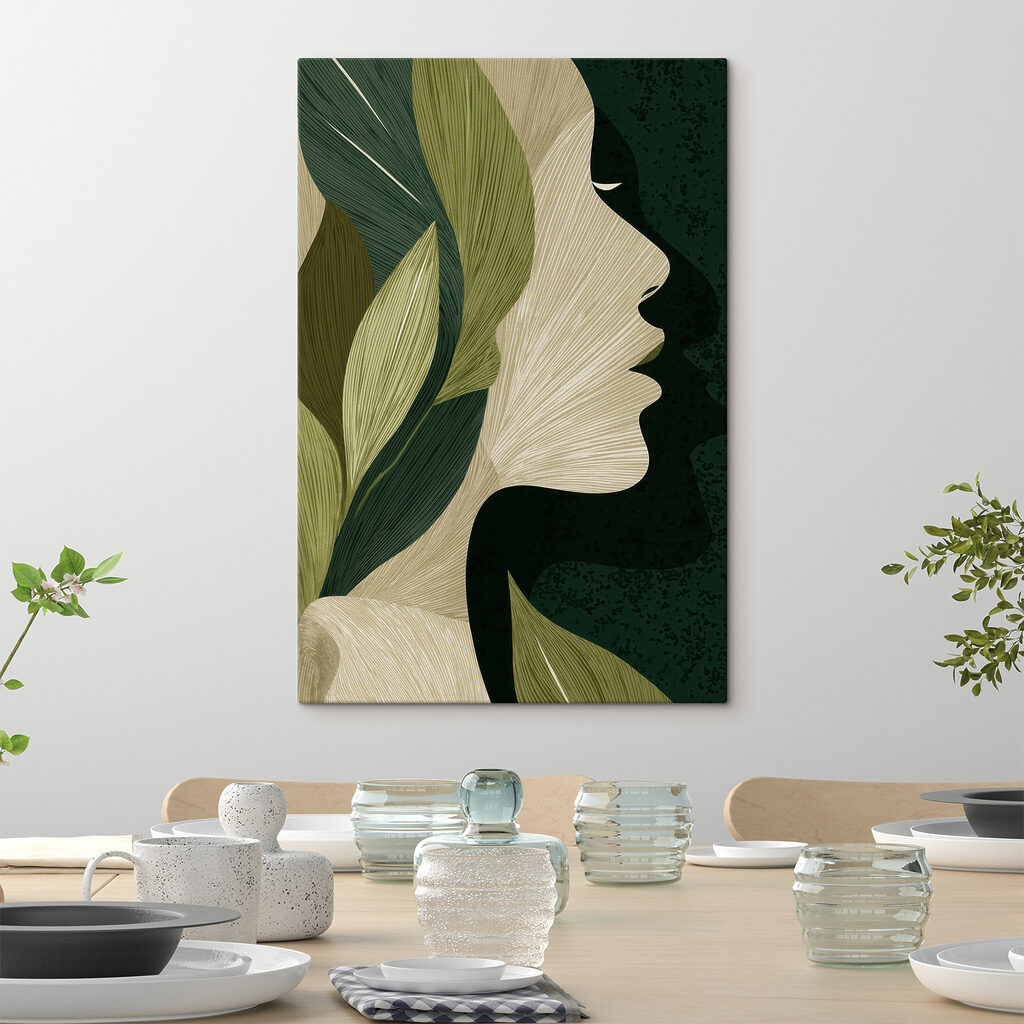 Frauenprofil aus Blättern in einem Interieur