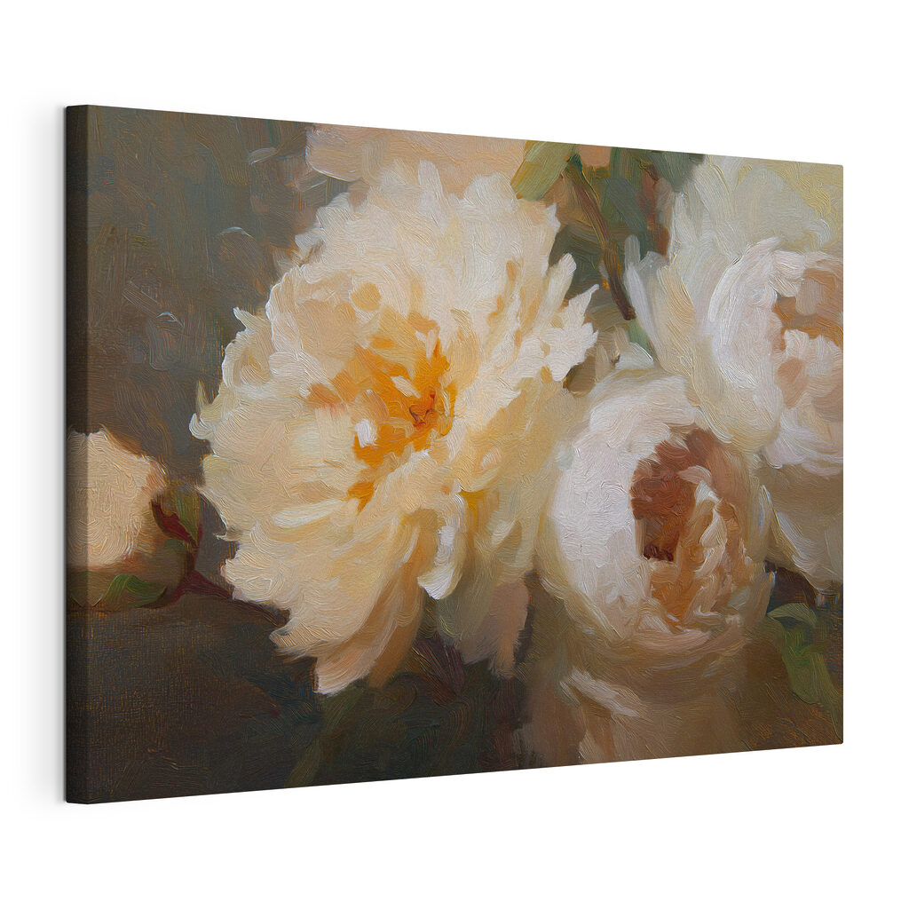 Weiße Pfingstrosen, dunkler Grund, gespannte Leinwand mit umlaufender Kante