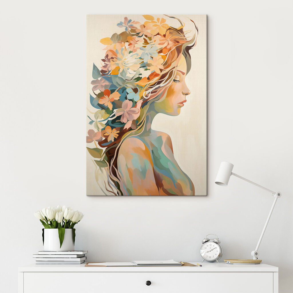 Haar voller bunter Blüten in einem Interieur