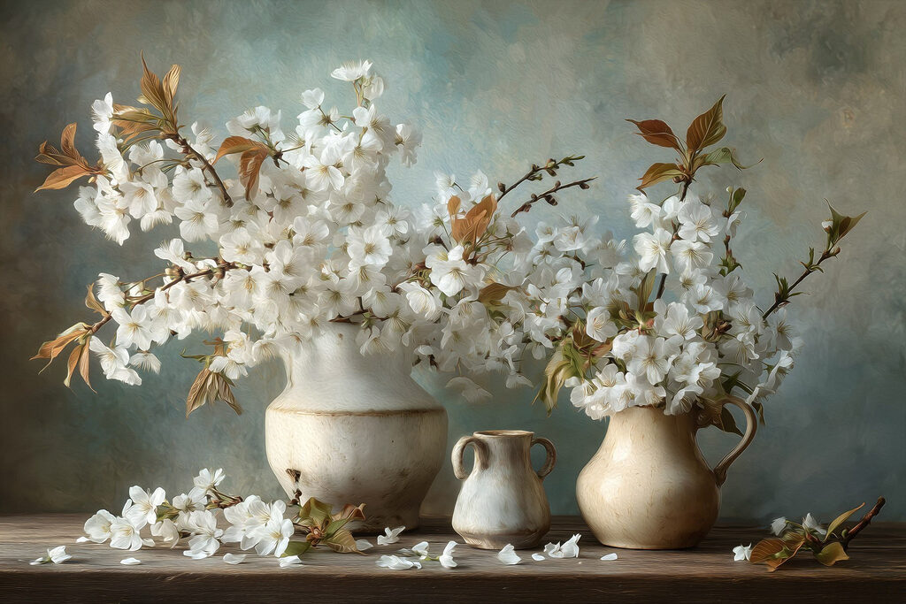 Drei Kannen mit Blüten — ganzes Design