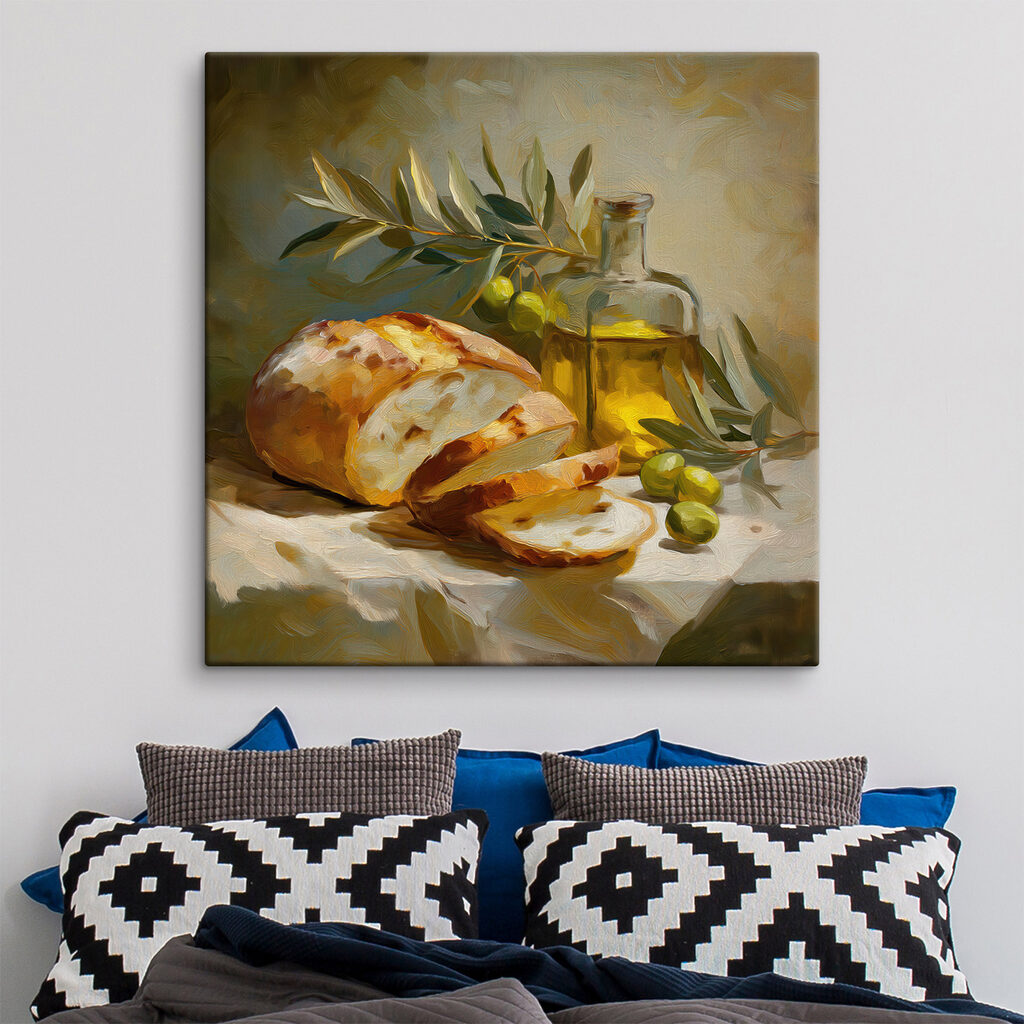 Brot, Olivenöl und Oliven in einem Interieur