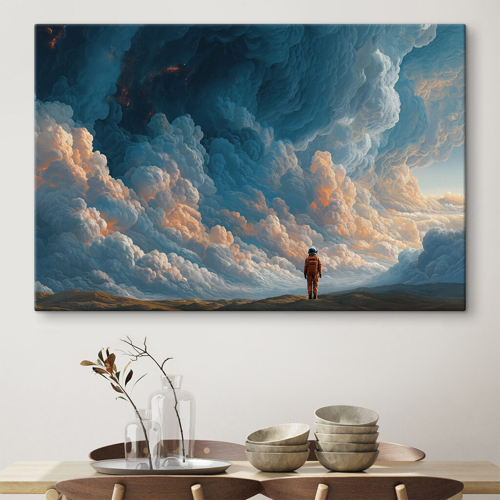 Wanderer unter drohenden Wolken in einem Interieur