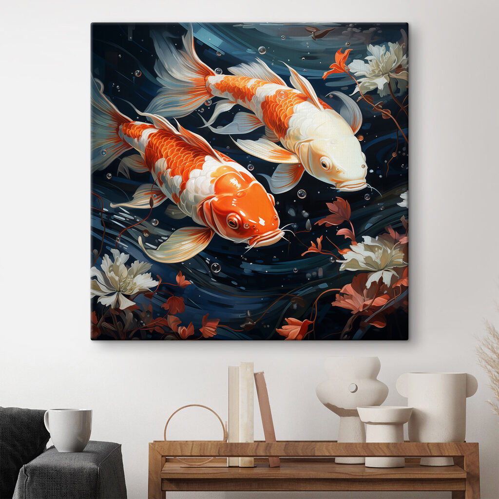 Koi zwischen weißen Blüten in einem Interieur