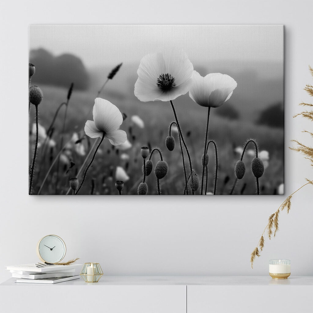Mohn über dunklen Samenkapseln in einem Interieur