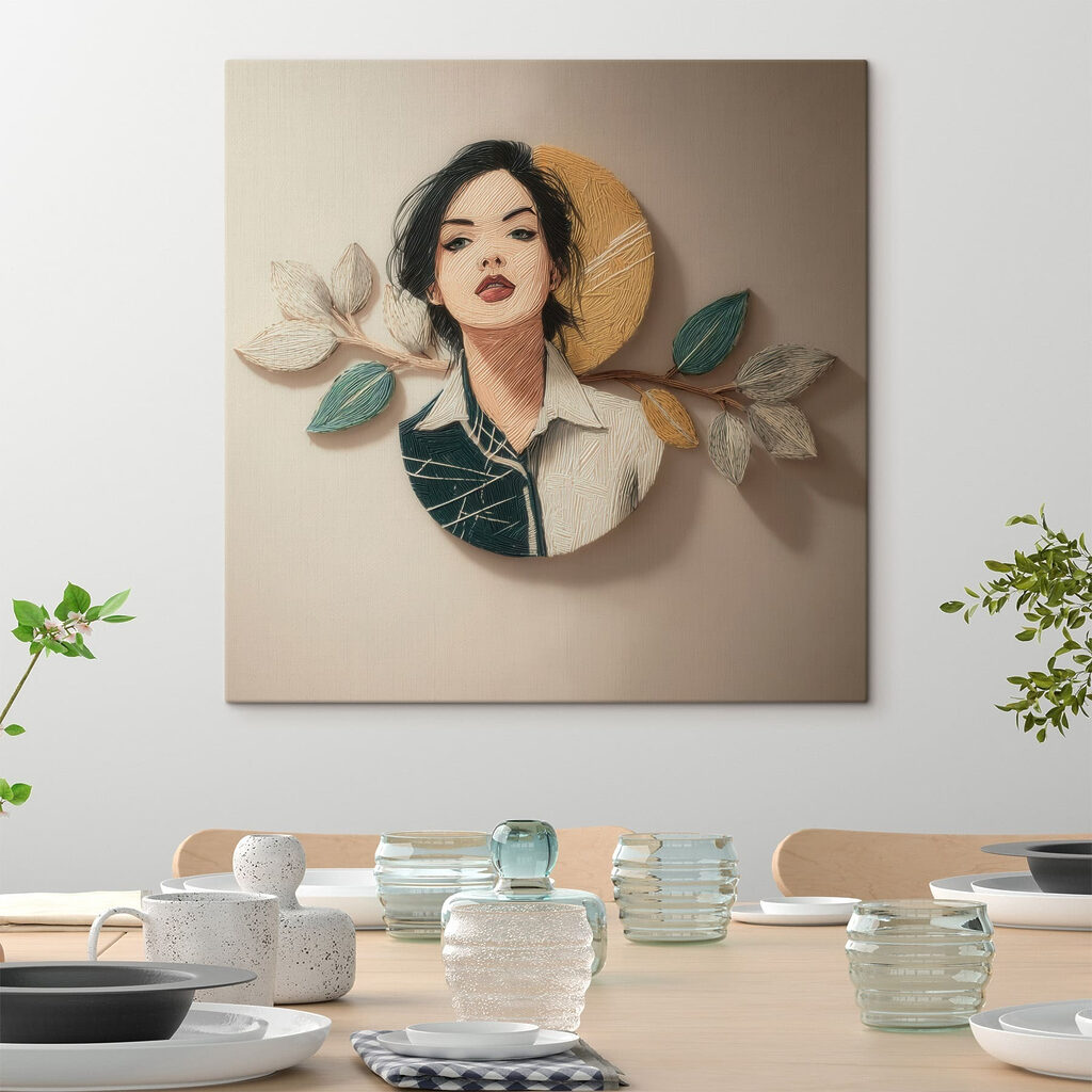 Frauenporträt zwischen Blättern in einem Interieur