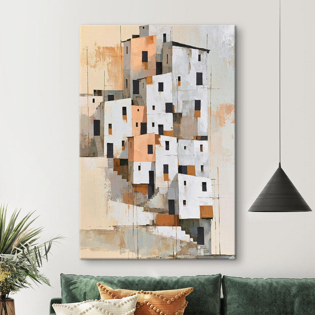 Weiße Häuser in Farbblöcken in einem Interieur