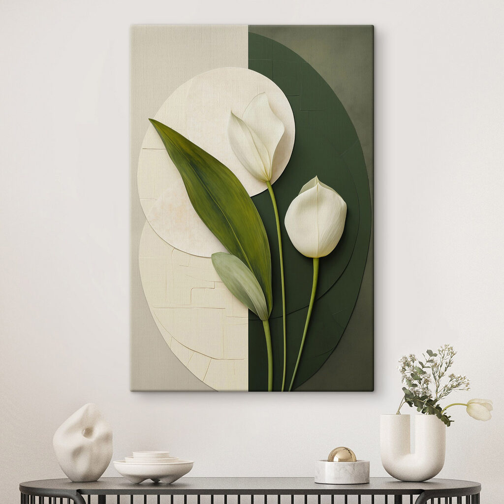 Zwei Tulpen zwischen Farbflächen in einem Interieur