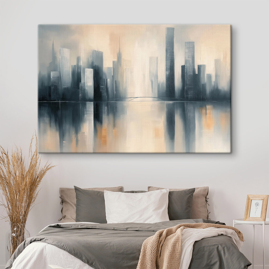Spiegelnde Stadttürme im Nebel in einem Interieur