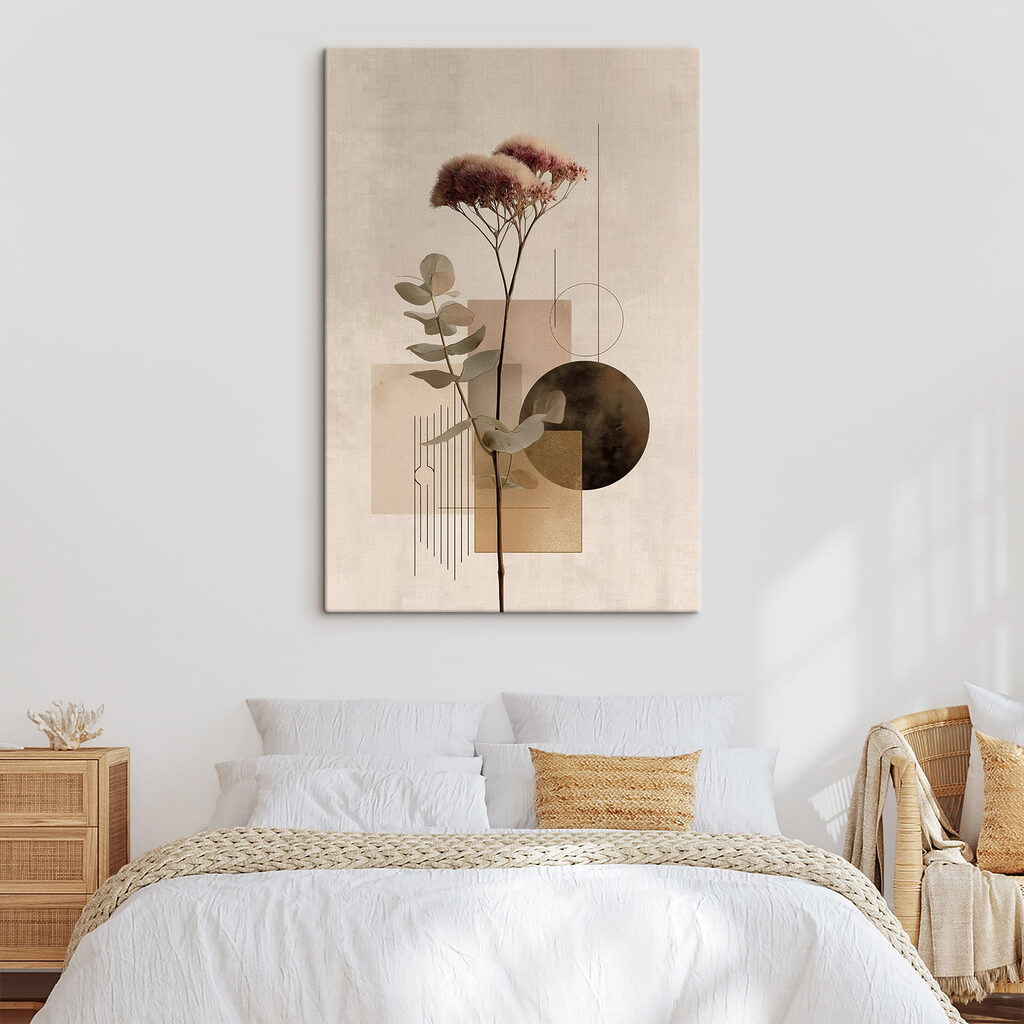 Trockenblume zwischen geometrischen Formen in einem Interieur