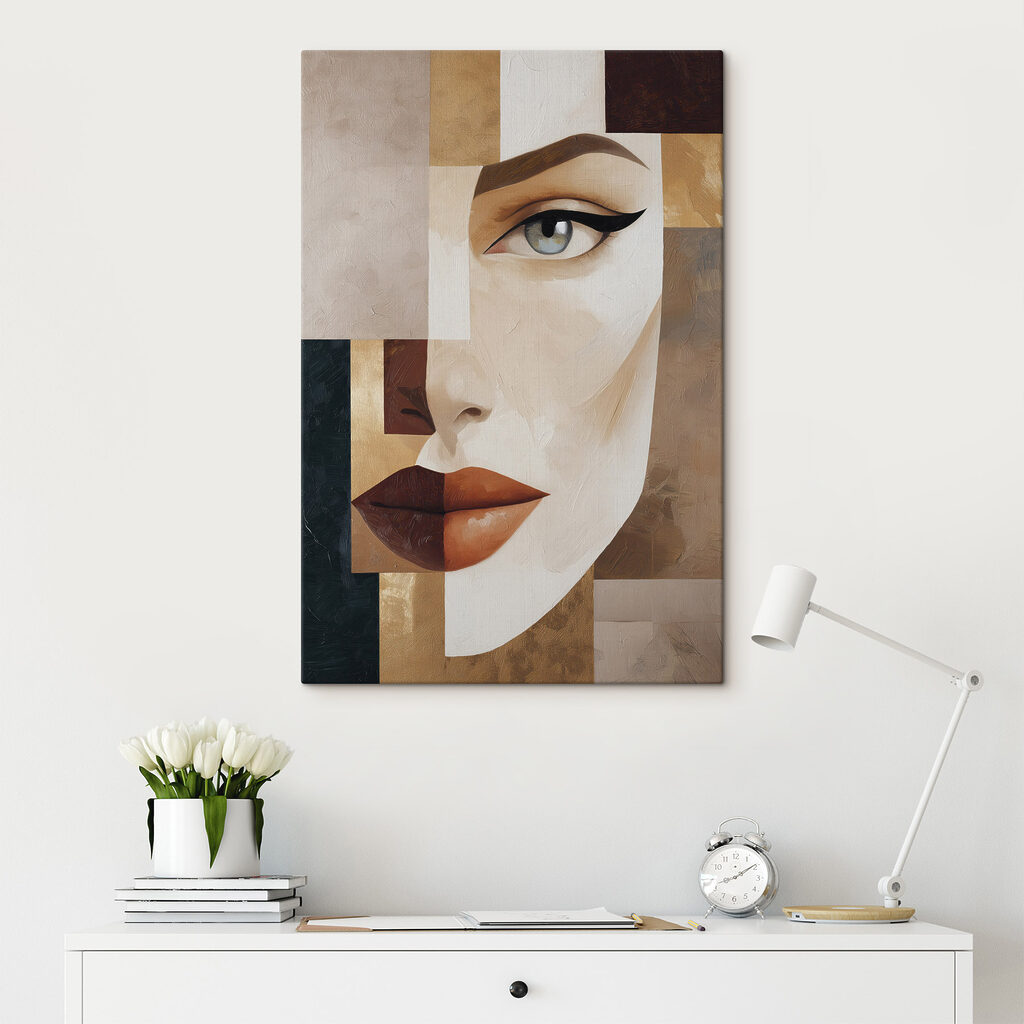 Frauenblick zwischen sandfarbenen Quadraten — Interieur 2