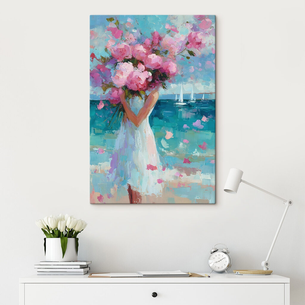 Frau mit Rosenstrauß in einem Interieur