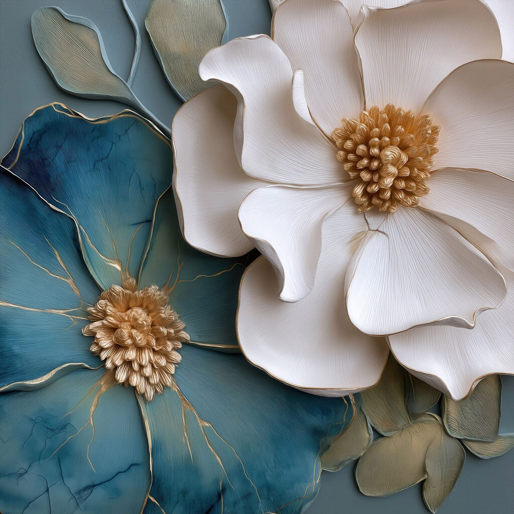 Weiße Blume neben Blau — ganzes Design
