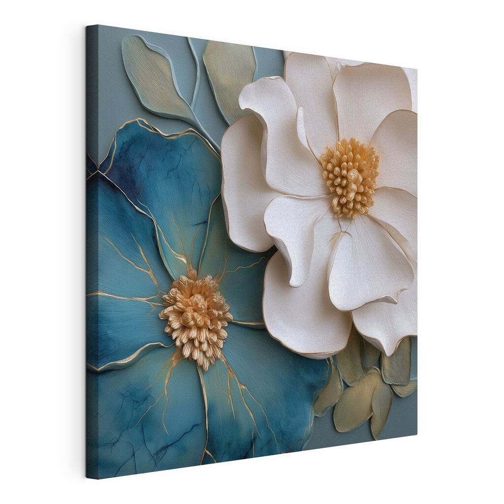 Weiße Blume neben Blau, gespannte Leinwand mit umlaufender Kante