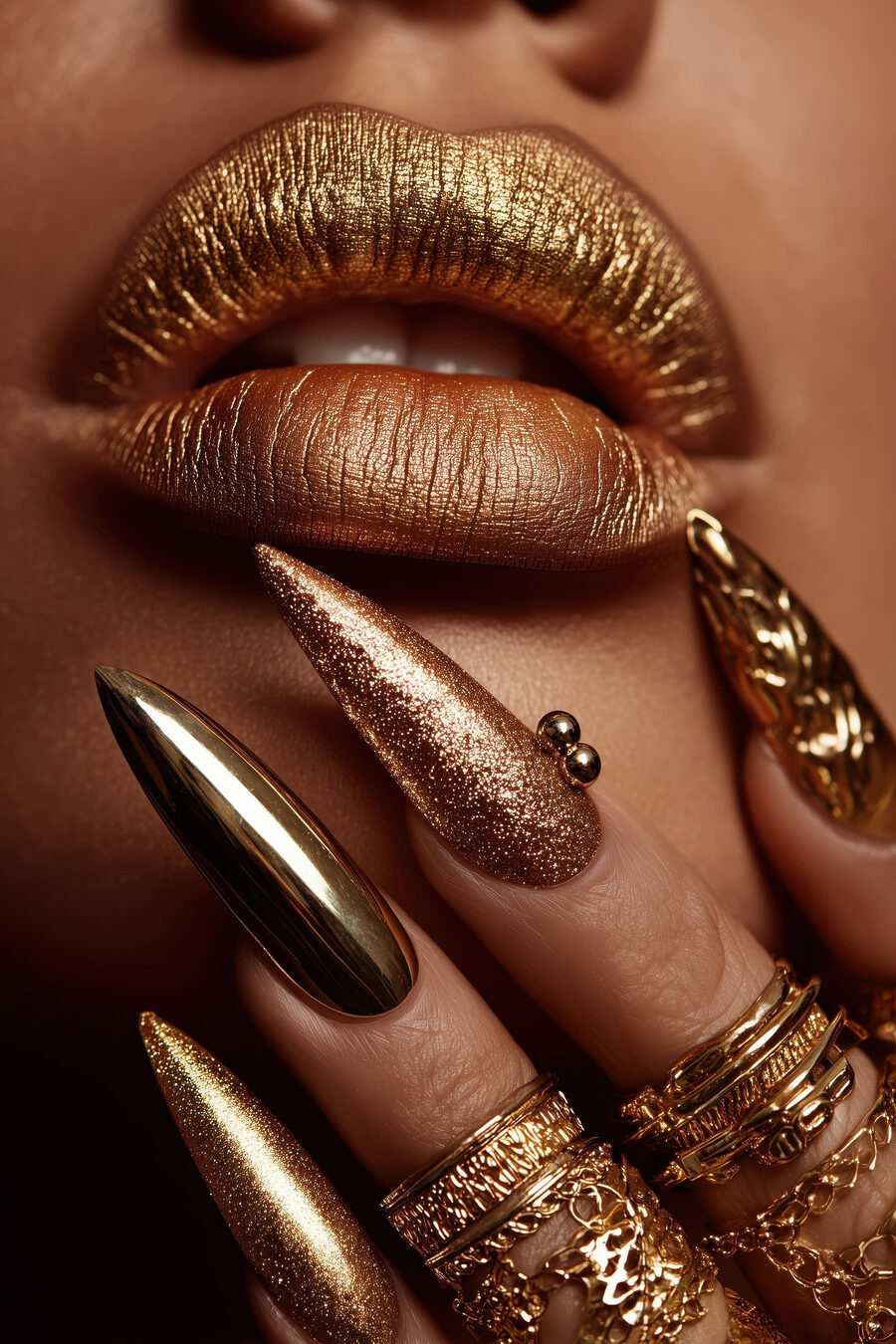 Goldene Lippen und Nägel — ganzes Design