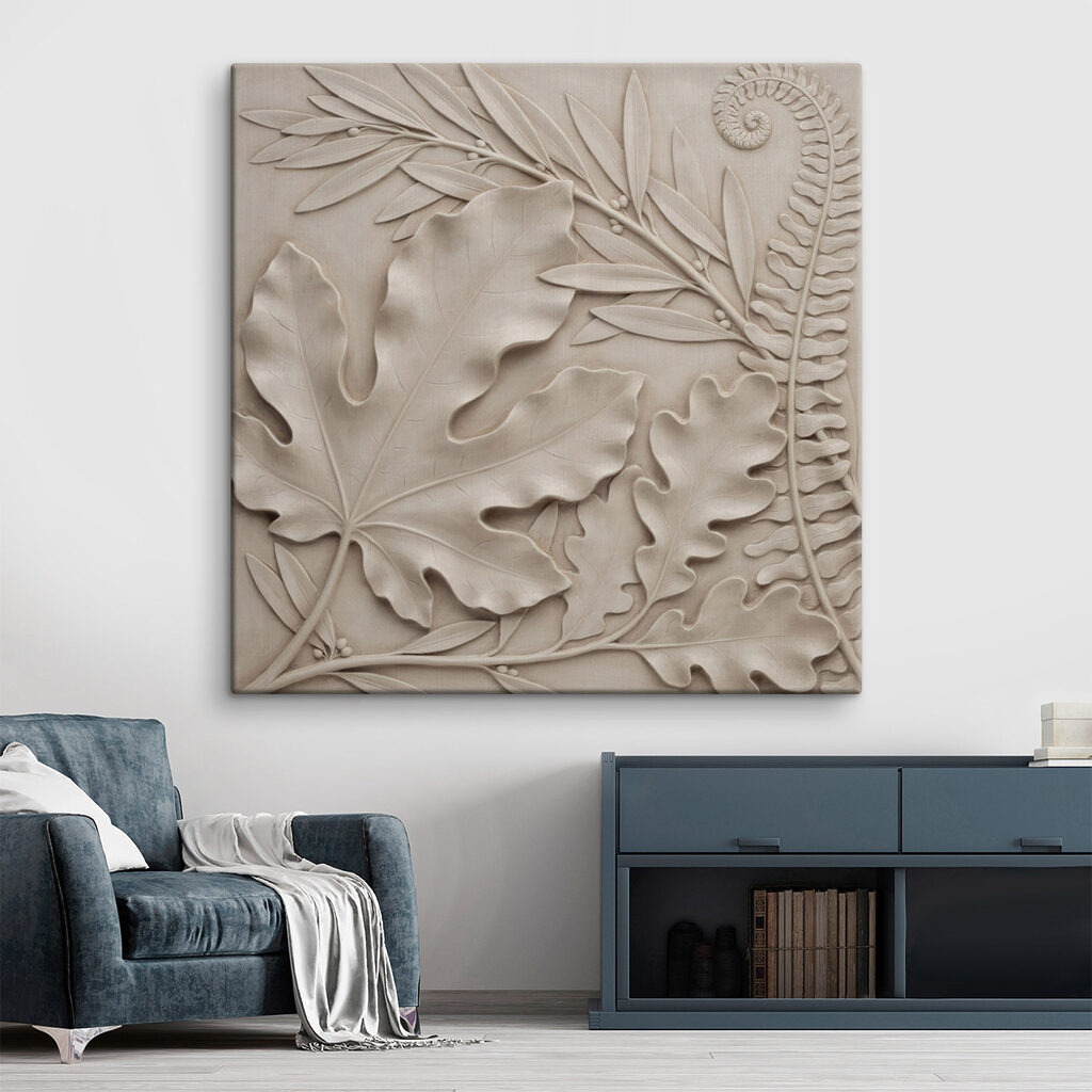 Monstera in sandfarbenem Relief — Interieur 1