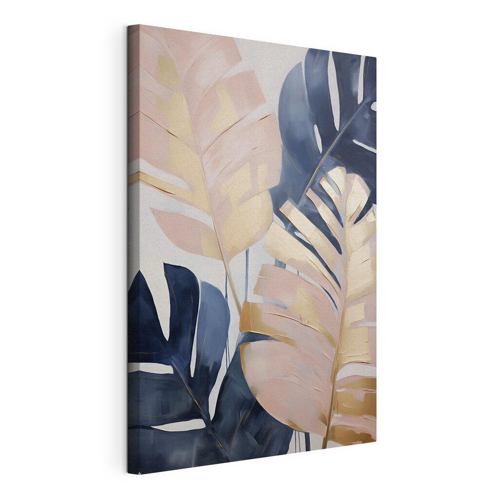 Blaue Monstera neben Rosa, gespannte Leinwand mit umlaufender Kante