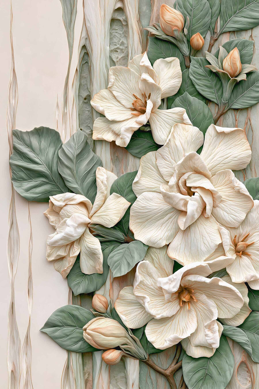 Weiße Blüten im Relief — ganzes Design