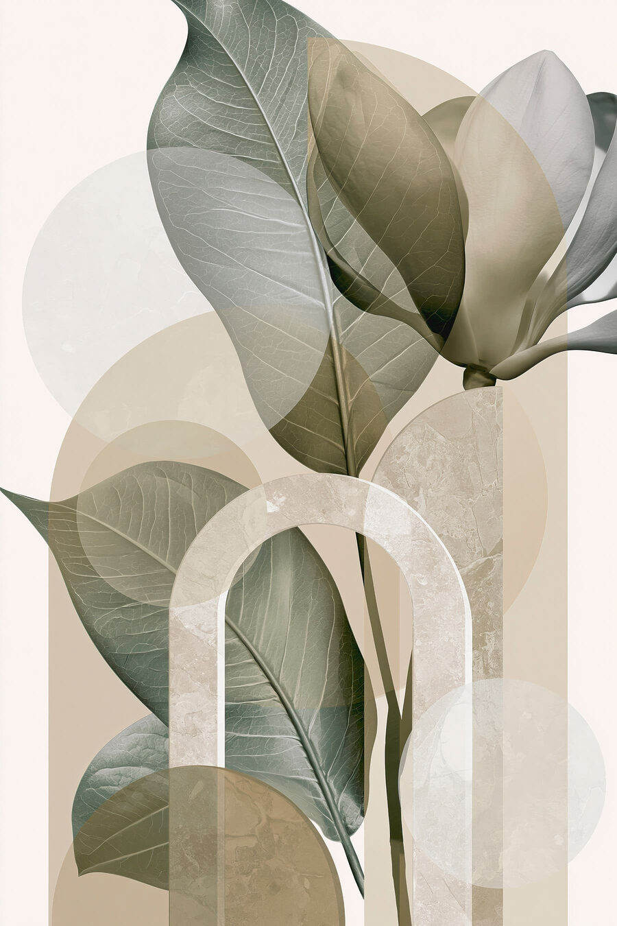 Blattformen zwischen blassen Rundungen — ganzes Design