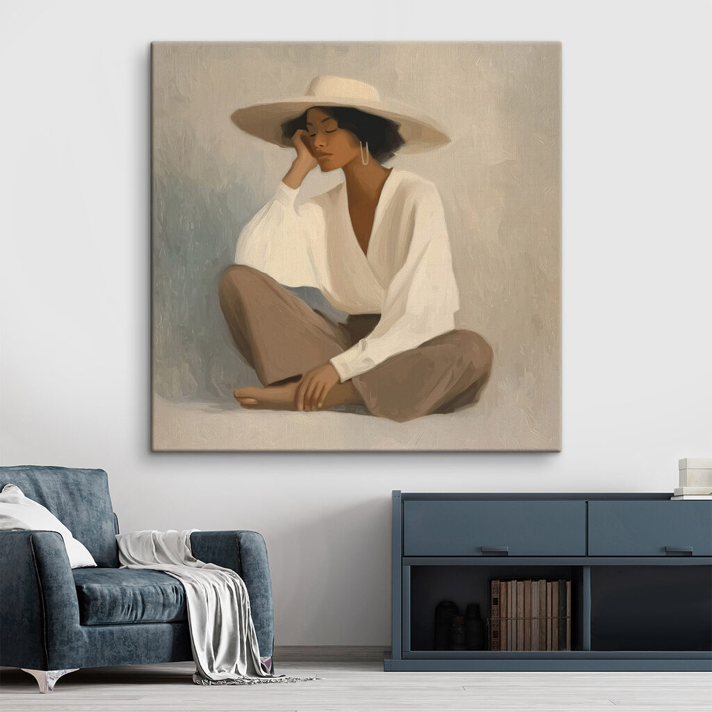 Sitzende Frau mit Sonnenhut in einem Interieur