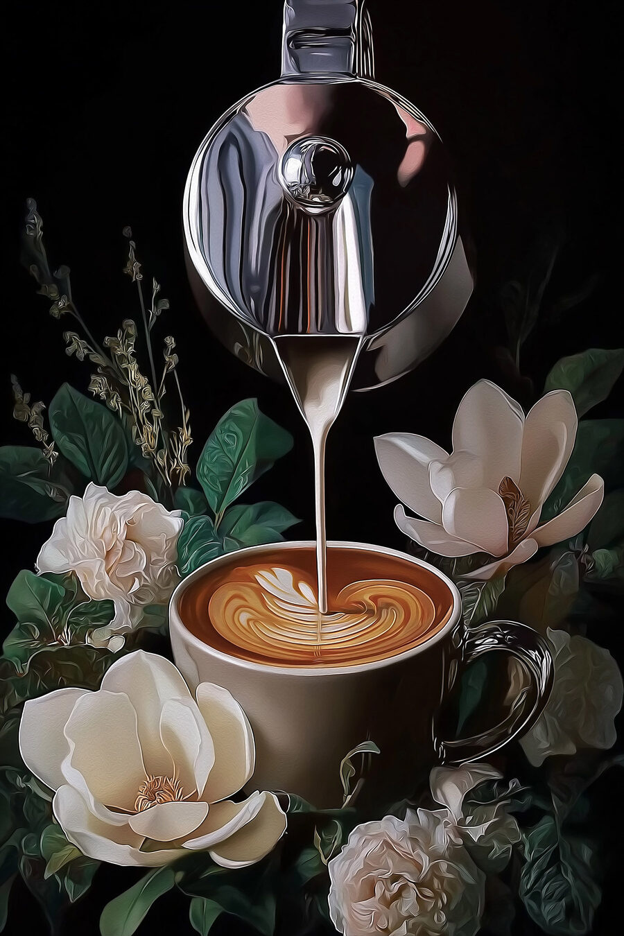 Kaffee zwischen Blumen — ganzes Design