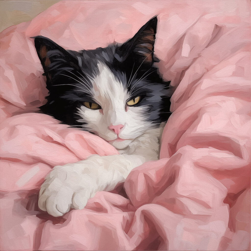 Katze auf rosa Decke — ganzes Design