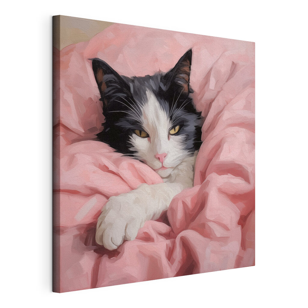 Katze auf rosa Decke, gespannte Leinwand mit umlaufender Kante