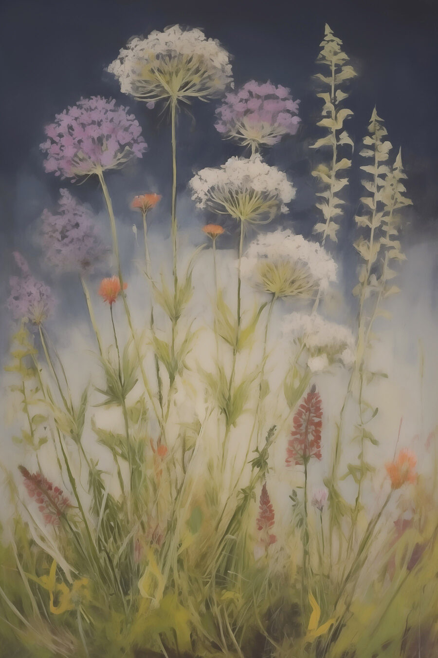 Lila Flaum zwischen Wildblumen — ganzes Design