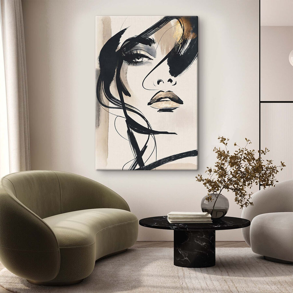 Frauenblick in schwarzen Linien in einem Interieur