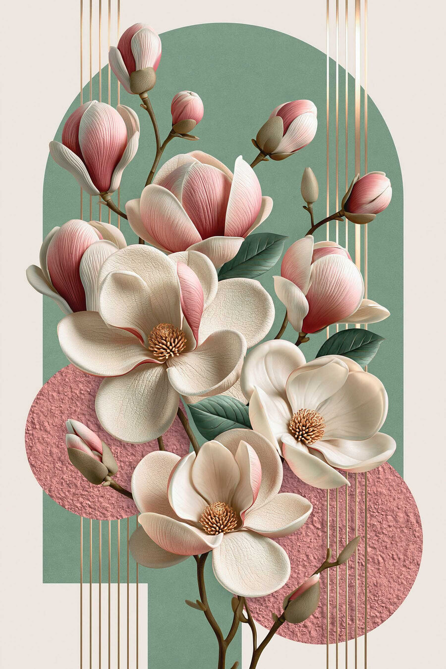 Magnolie vor rosa Kreisen — ganzes Design