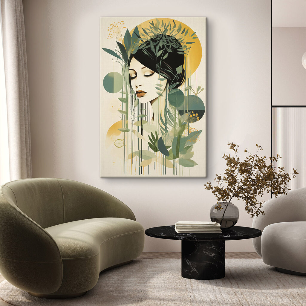 Frau zwischen olivgrünen Zweigen in einem Interieur
