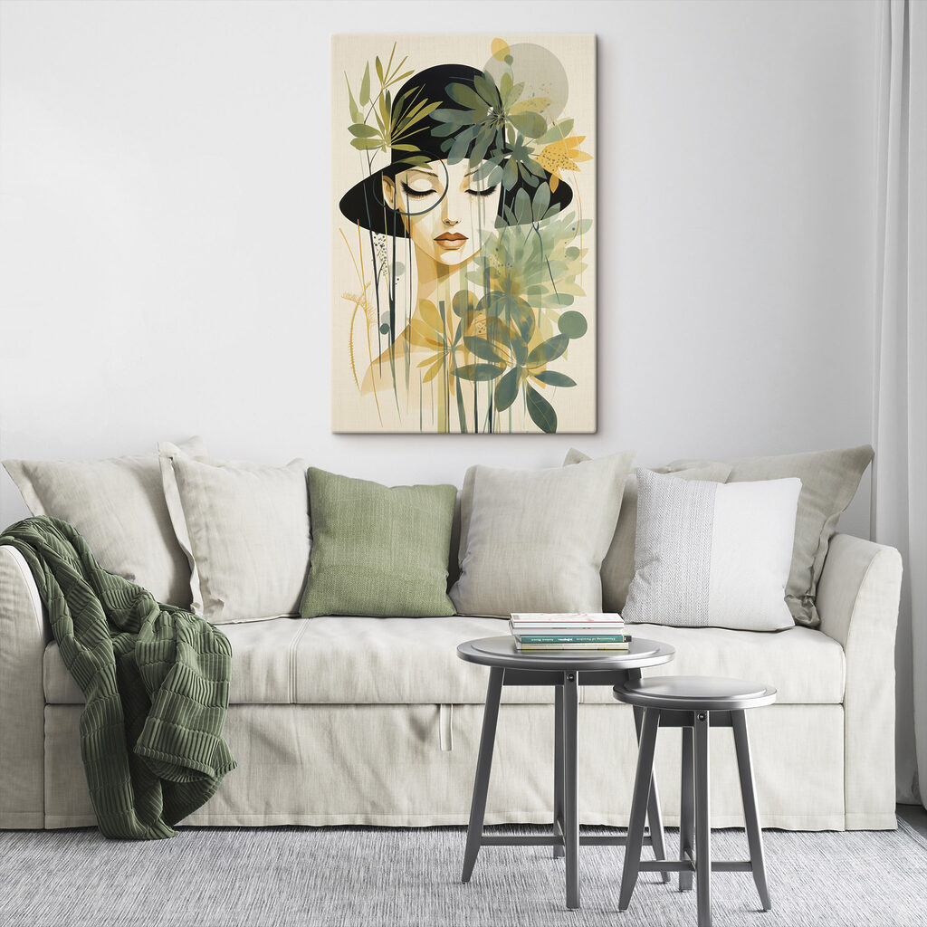 Geschlossene Augen zwischen Blättern in einem Interieur