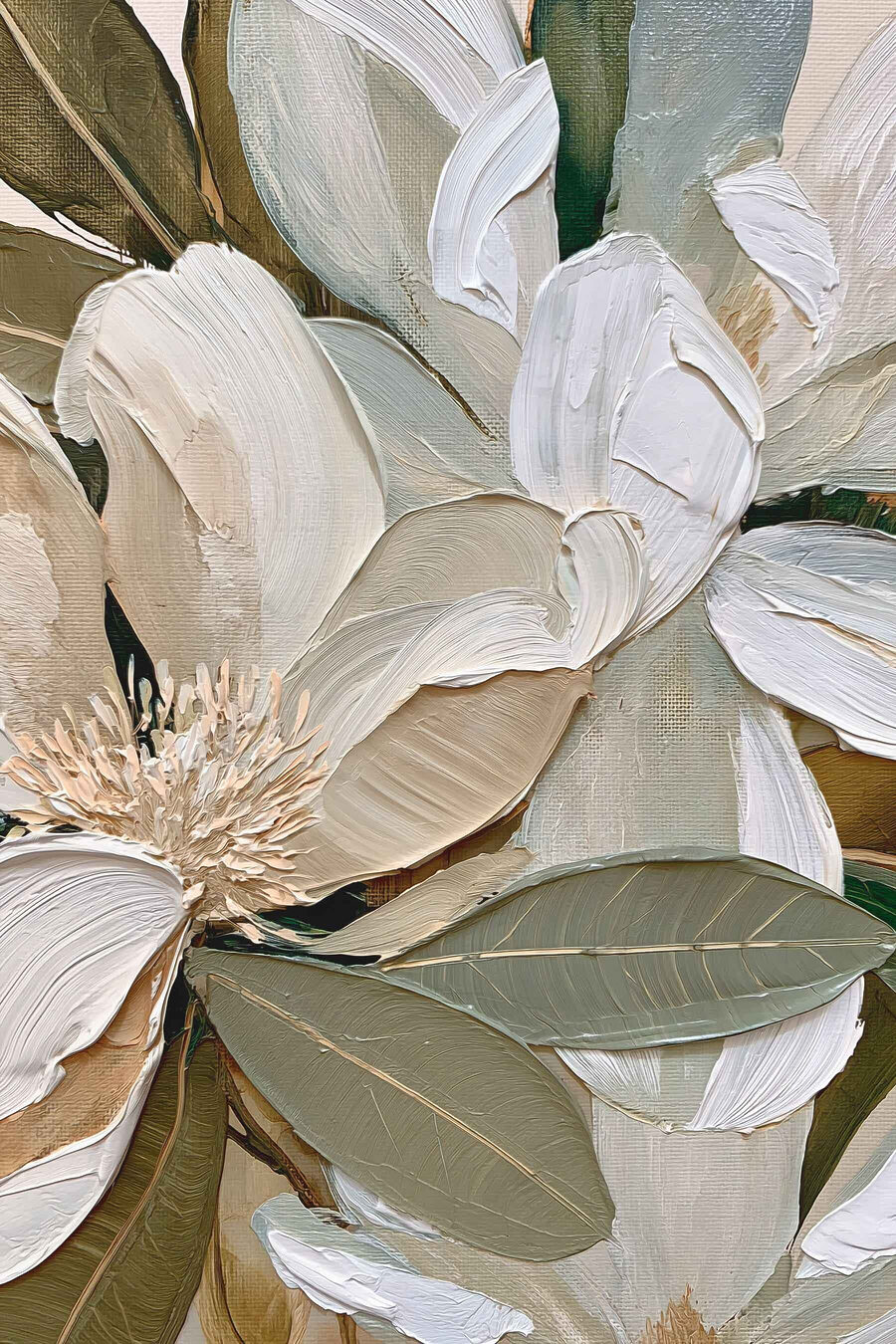 Weiße Blüten zwischen Olivblättern — ganzes Design