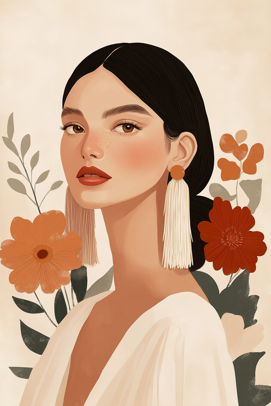Frau zwischen orangefarbenen Blumen — ganzes Design