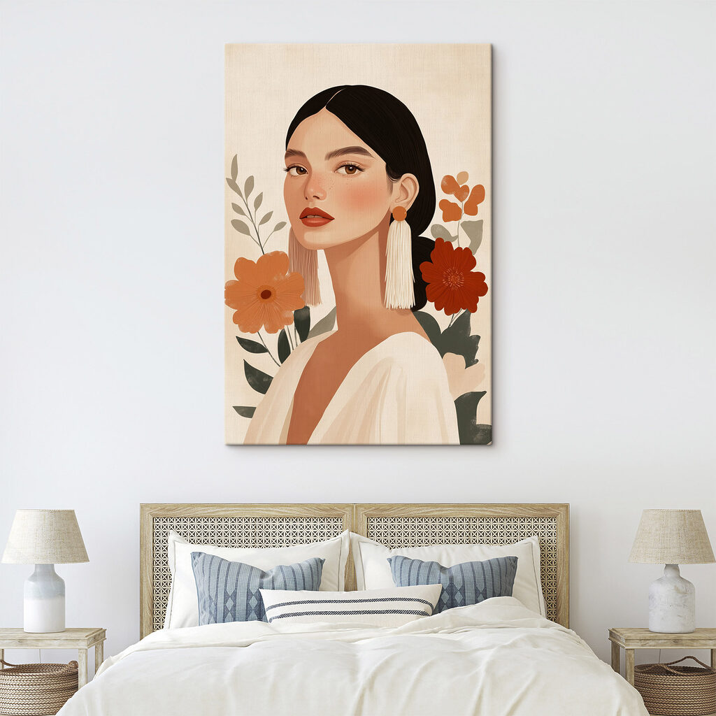 Frau zwischen orangefarbenen Blumen in einem Interieur
