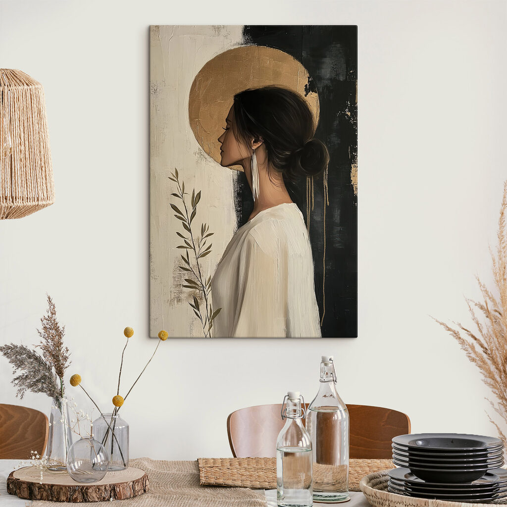 Frauenprofil vor goldenem Kreis in einem Interieur