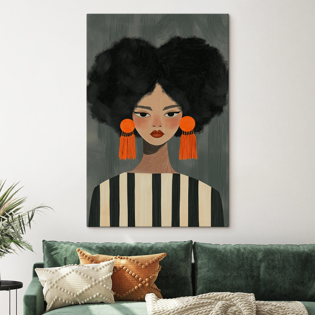 Dunkle Locken, orangefarbene Ohrringe in einem Interieur