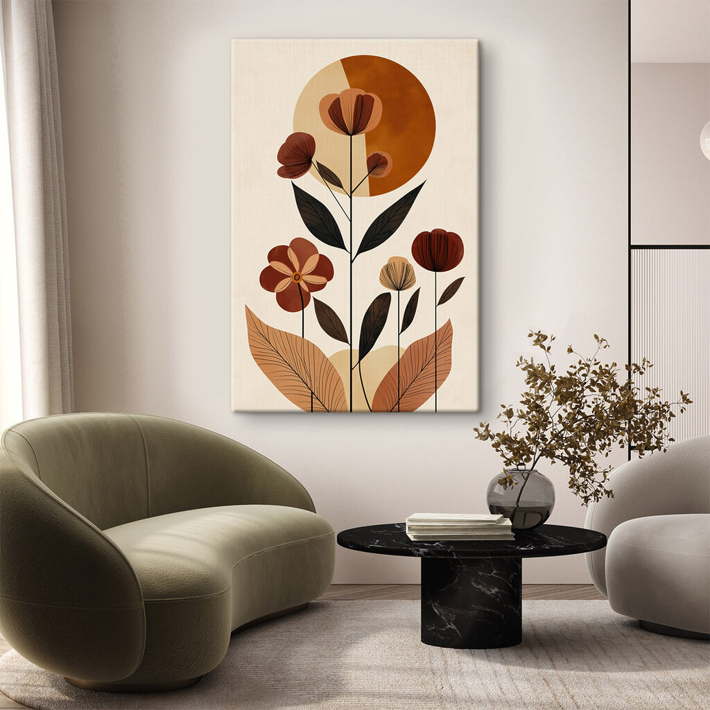 Orangefarbene Blüten, dunkle Blätter in einem Interieur