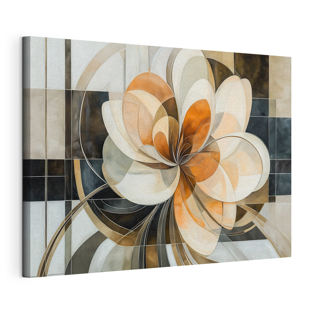 Geometrische Blüte mit Ocker, gespannte Leinwand mit umlaufender Kante