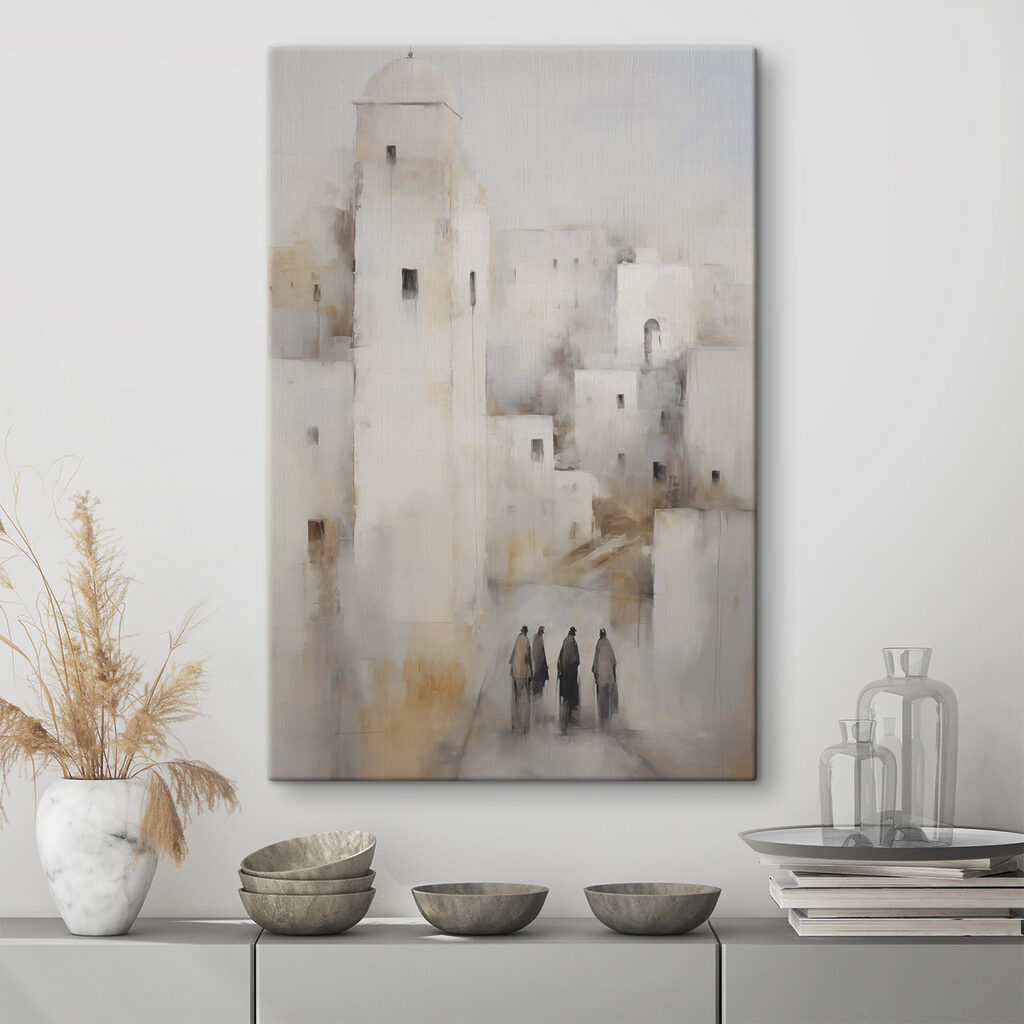 Weiße Stadt mit Spaziergängern in einem Interieur