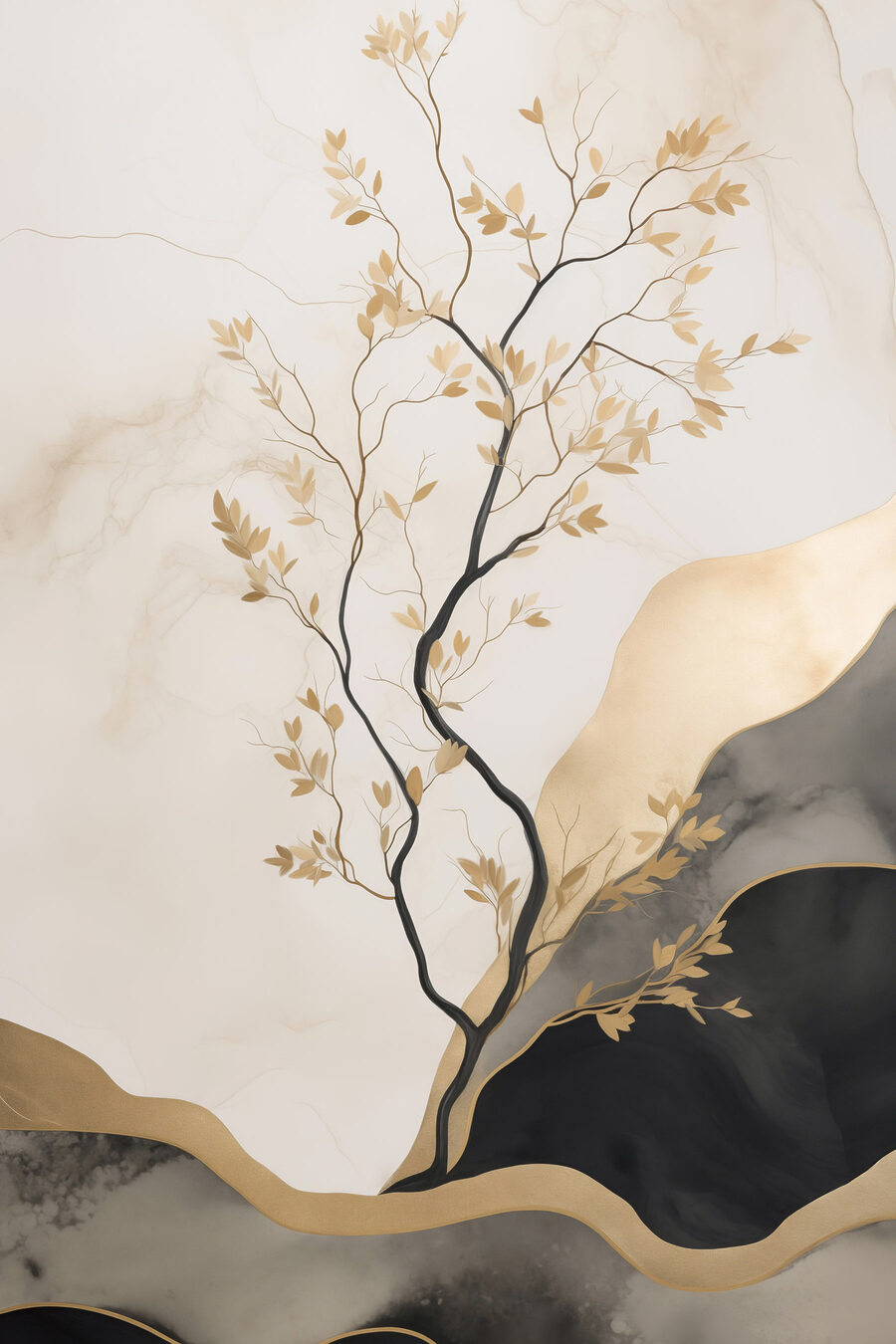 Baum zwischen schwarzen Hügeln — ganzes Design