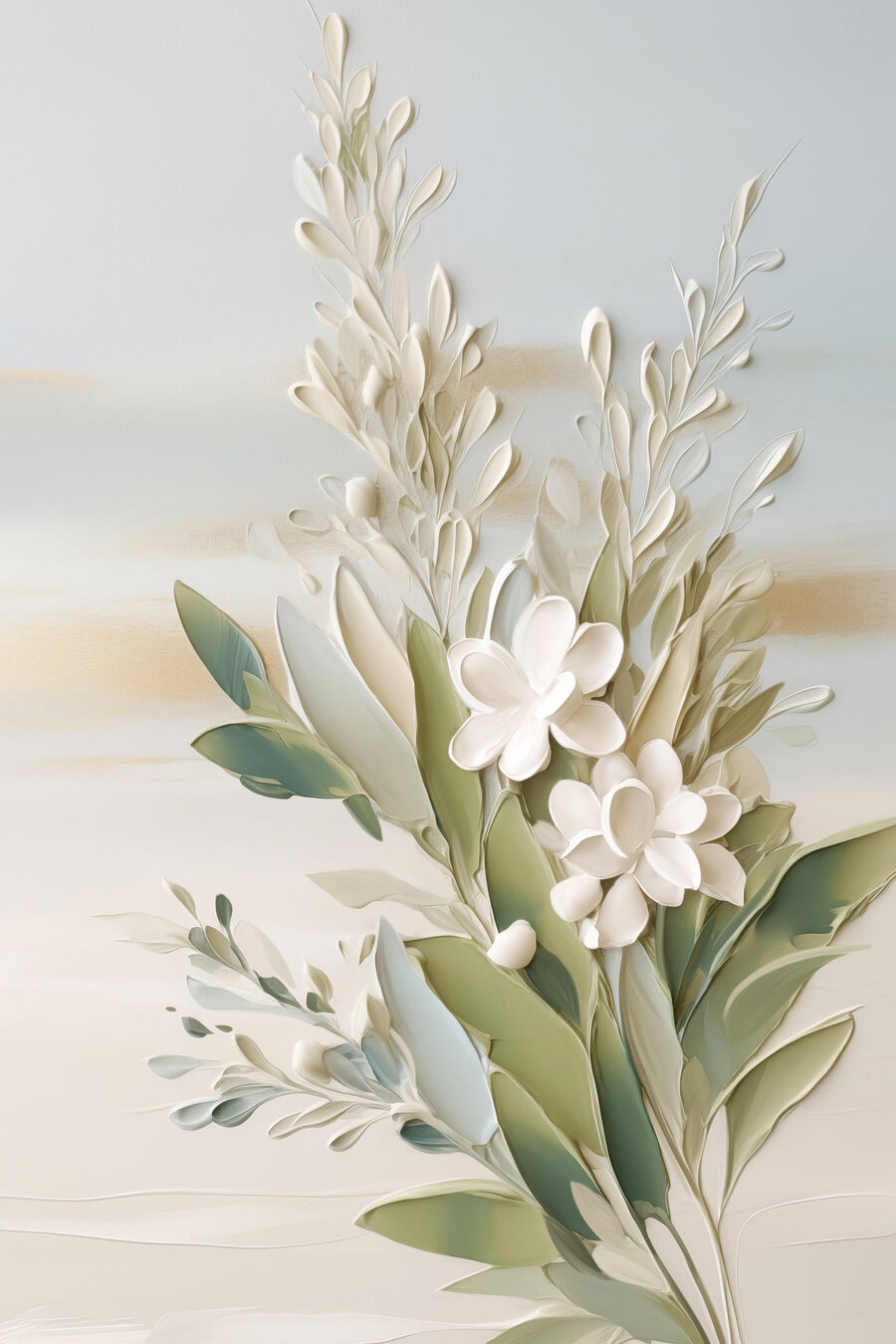 Weiße Blüten mit Olivenzweigen — ganzes Design