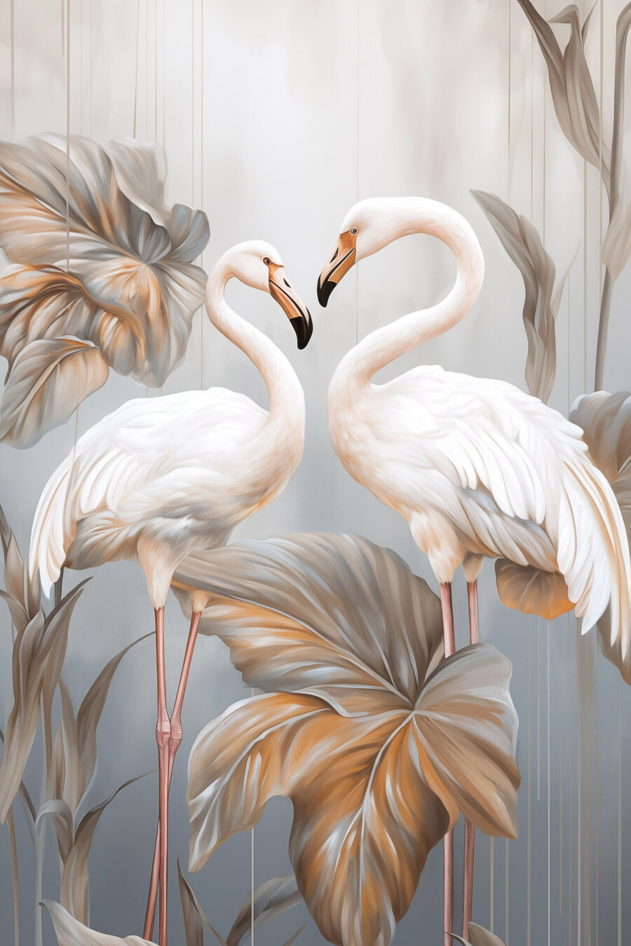 Weiße Flamingos zwischen Blättern — ganzes Design