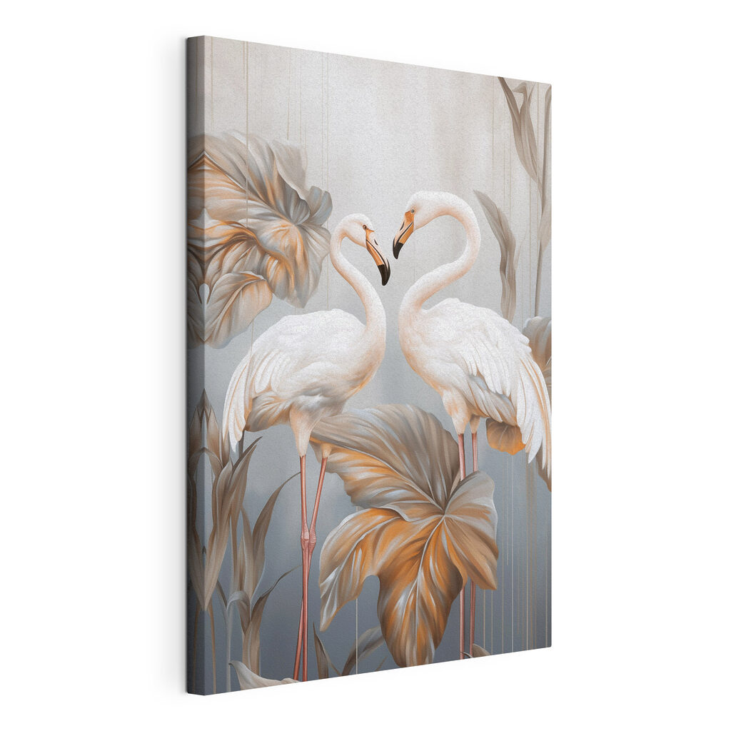 Weiße Flamingos zwischen Blättern, gespannte Leinwand mit umlaufender Kante