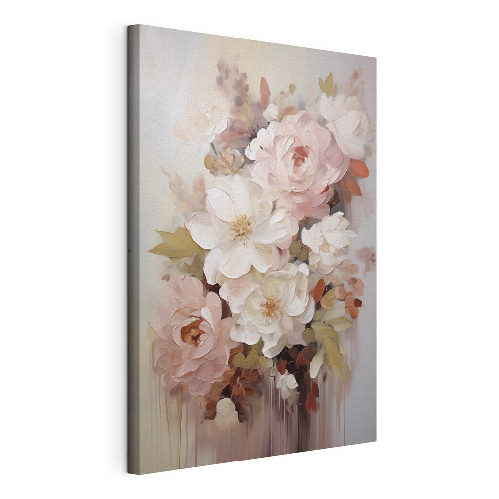 Rosen zwischen weißen Blüten, gespannte Leinwand mit umlaufender Kante