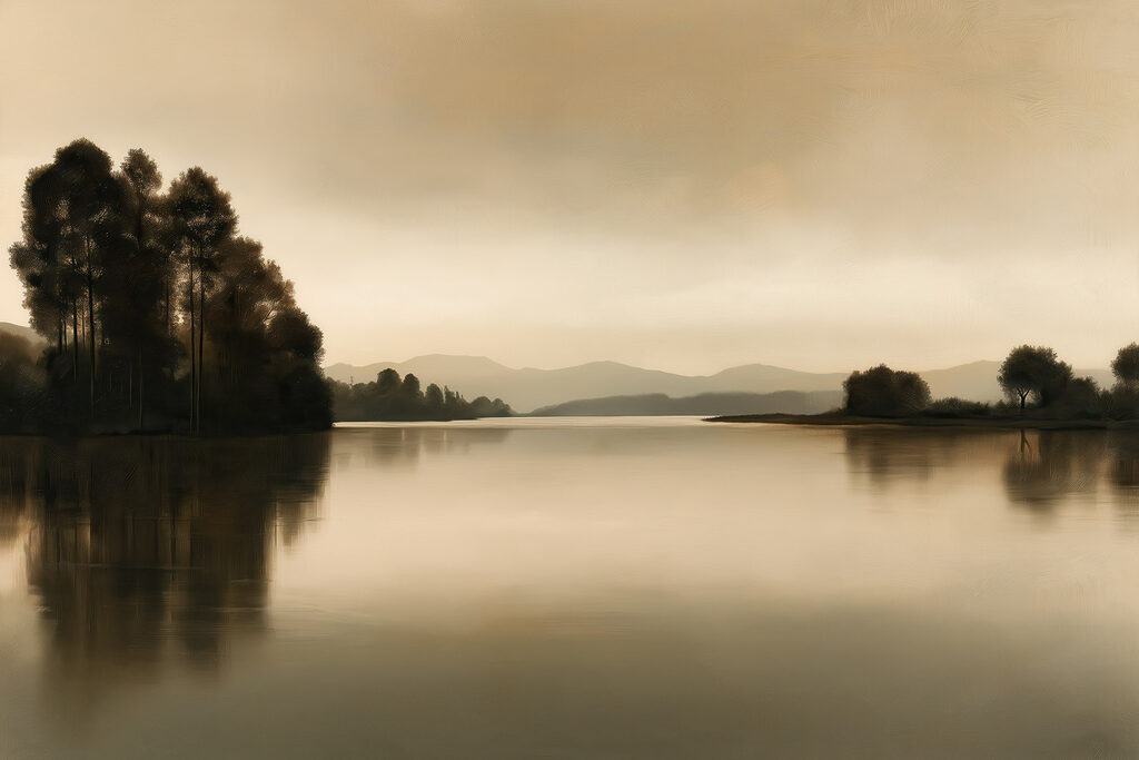 Dunkle Bäume am Spiegelwasser — ganzes Design