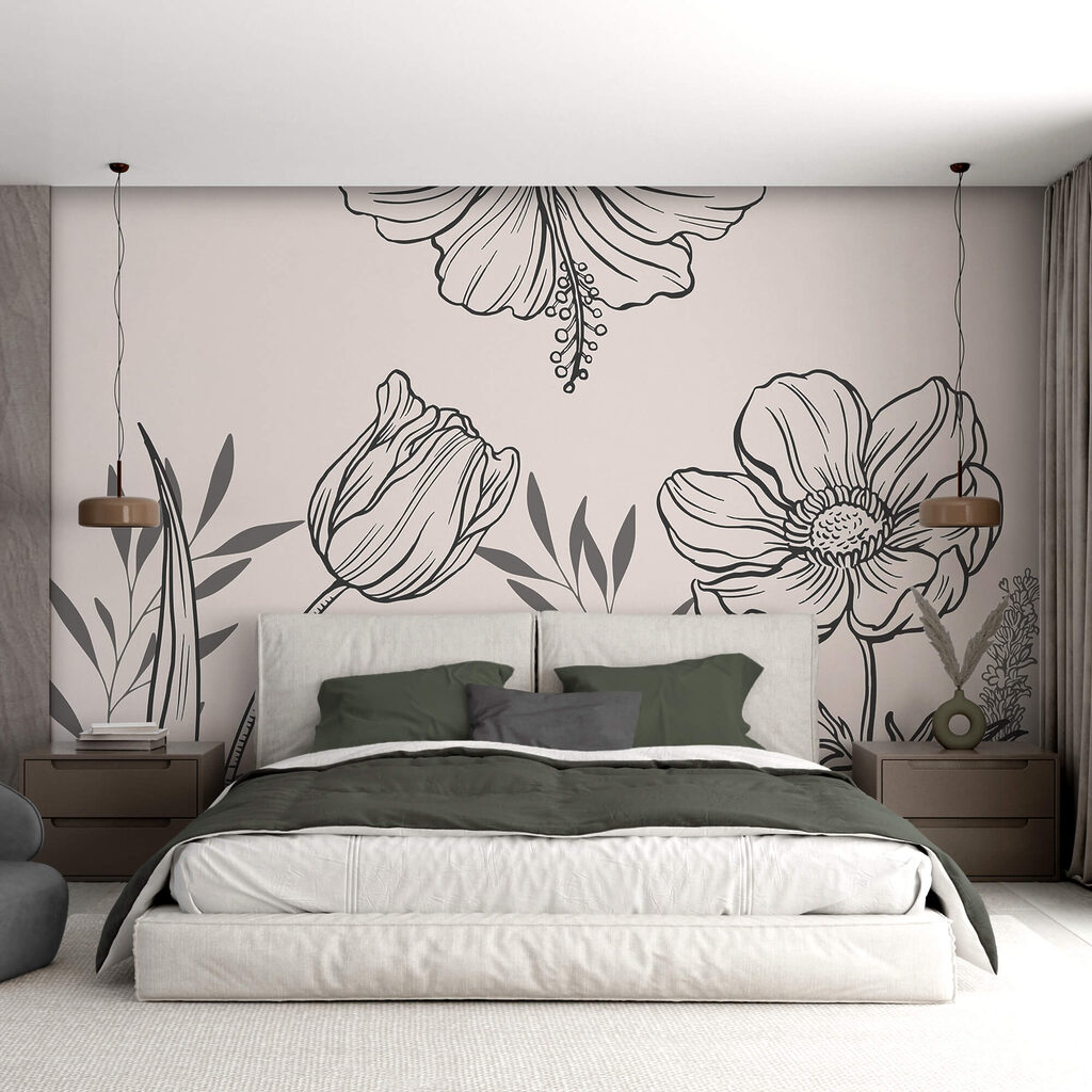 Zart gezeichnete Blumen in einem Interieur