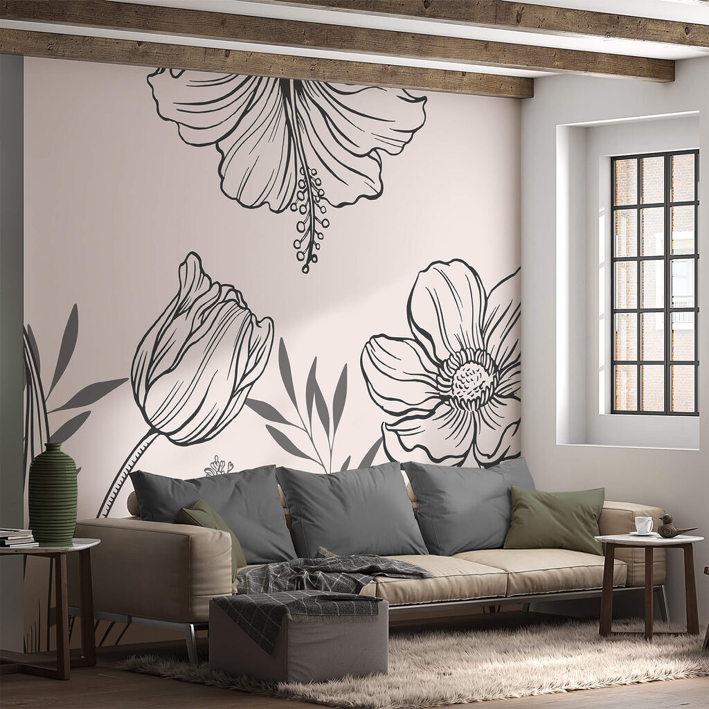 Zart gezeichnete Blumen in einem Interieur