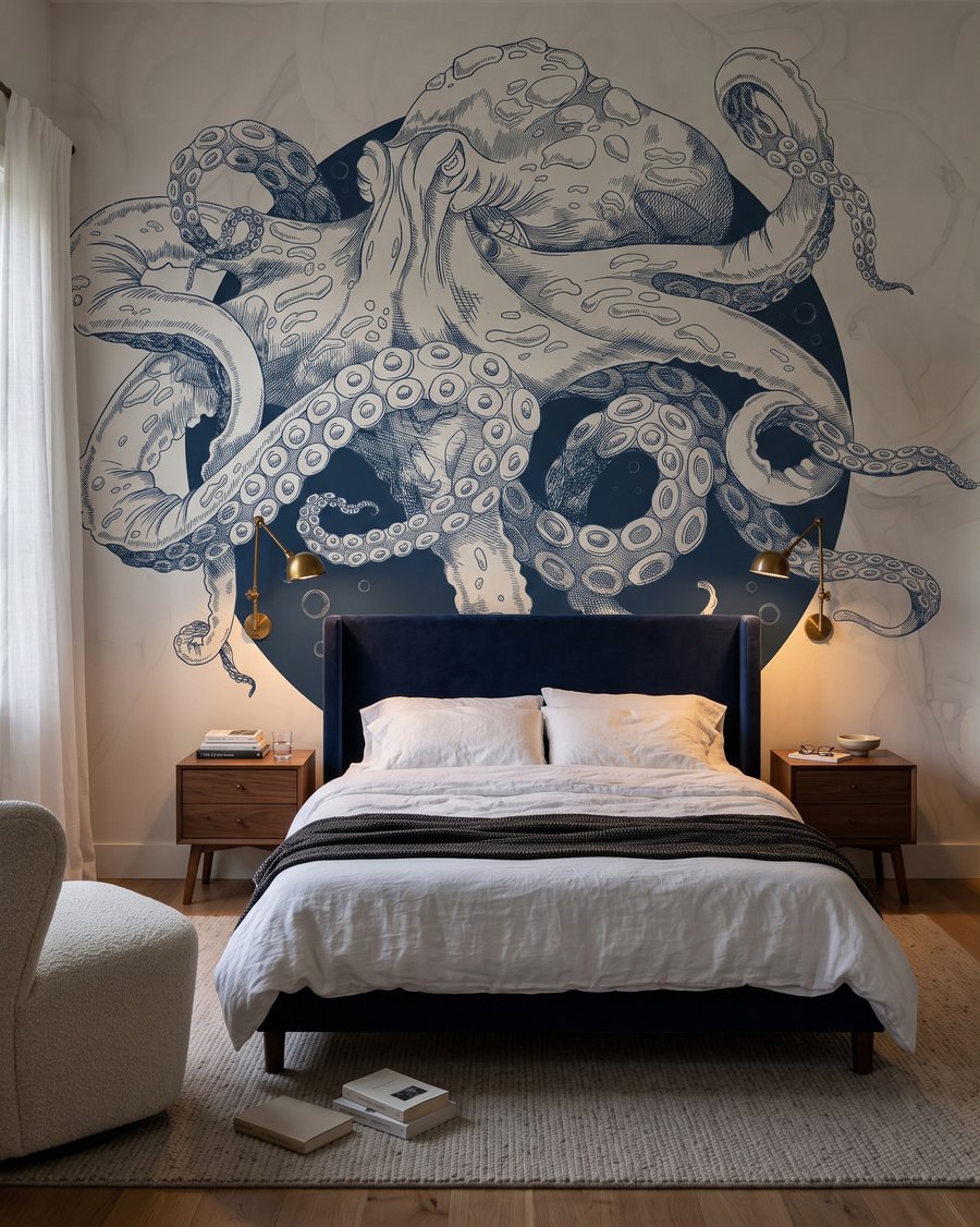 Oktopus voller Schnörkel in einem Interieur